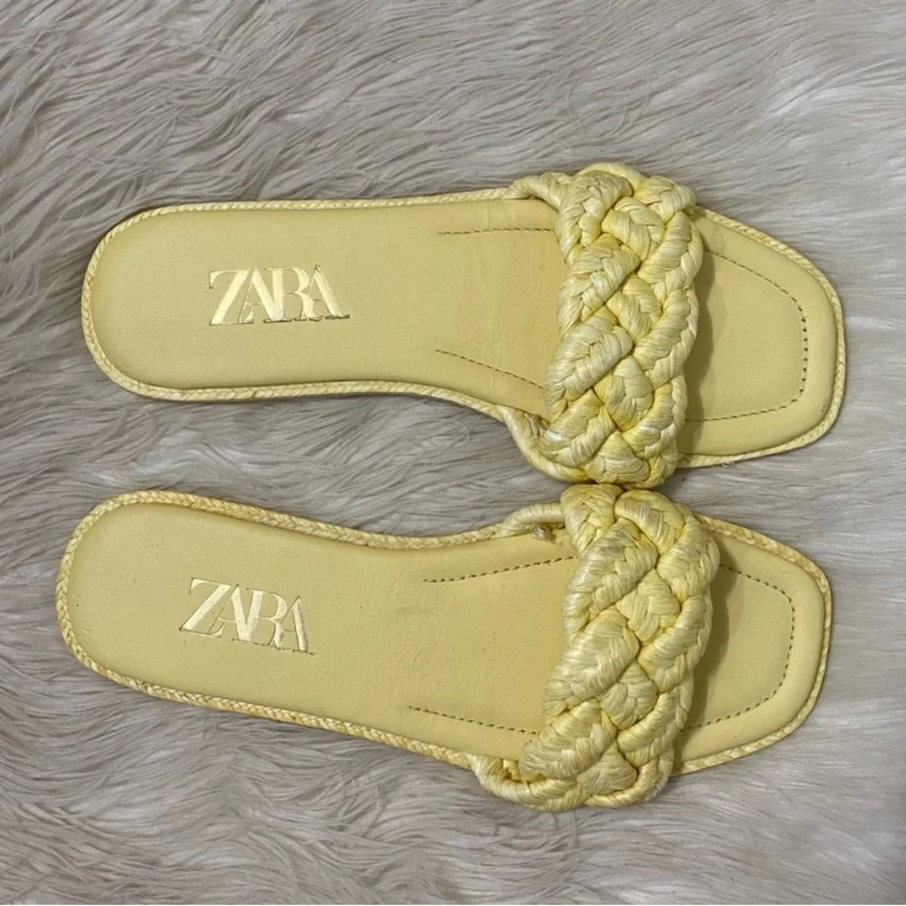 Zara Pastel Yellow Woven Raffia Braided Strap Slip On Open Toe Flat Sandals 39 - Picture 7 of 11